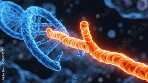 Blue DNA strand with purple molecular structure and orange filament interacting, showcasing dynamic molecular processes in a scientific environment