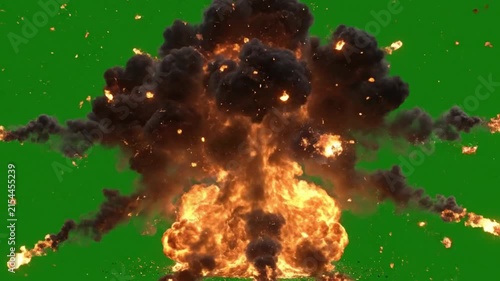 Fire explosion with orange sparks bursting on green screen