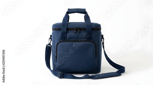 Blue insulated bag with handles on white background