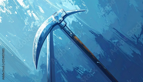Ancient Ice Axe on Frozen Mountain Background.