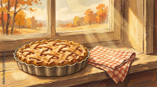 Freshly baked homemade pie on a rustic wooden windowsill with an autumn landscape outside, warm sunlight and sunbeams, cozy fall digital illustration.