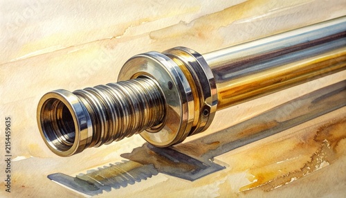 Close up of metallic threaded pipe with brass fittings.