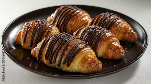 Flaky, golden croissants drizzled with chocolate and chocolate sprinkles on a dark brown plate