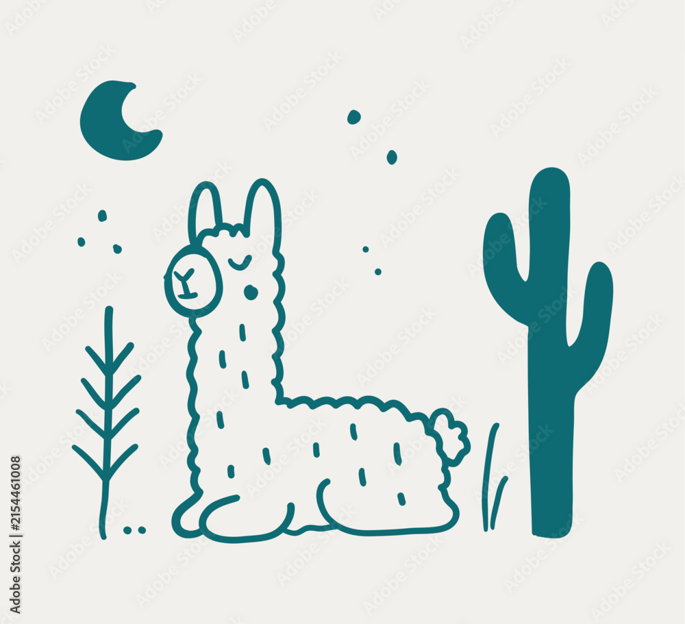 Naklejka premium Hand Drawn Llama in Desert Night Vector Illustration, Cute Alpaca with Cactus Line Art Clipart