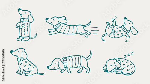 Hand Drawn Dachshund Dog in Sweater Poses Set, Cute Wiener Sausage Dog Doodles Vector Illustration, Line Art Pet Clipart Collection