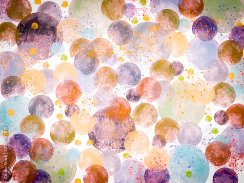Circles in different sizes and colors. Overlapping circles in white background for background use. Polkadots in watercolor.