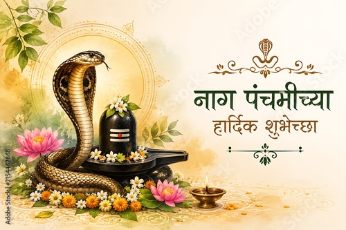 Premium Nag Panchami Greeting Design | Naag Devta Worship | Shravan Festival | Lord Shiva Festival | Indian Hindu Religious Banner with Copy Space