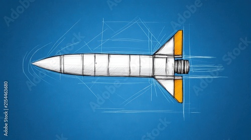 Technical engineering blueprint drawing of modern space rocket design concept illustration