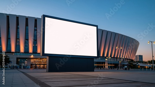 Blank billboard mockup template in front of modern architectural building stadium at dusk exterior design concept for advertising
