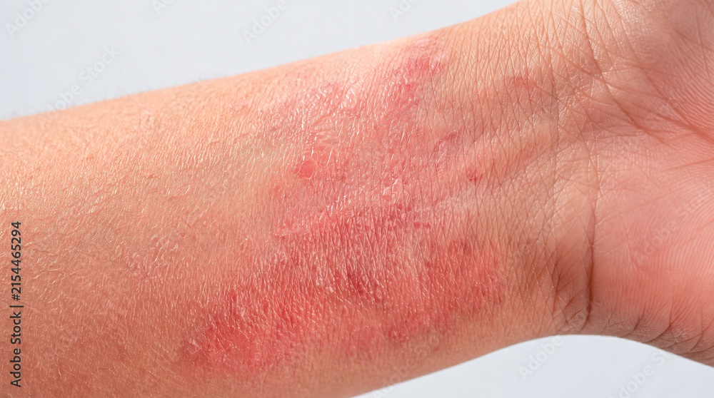 Fototapeta premium Red Inflamed Skin Rash on Human Wrist Indicating Eczema Dermatitis or Allergic Reaction, Medical Dermatology Healthcare Concept