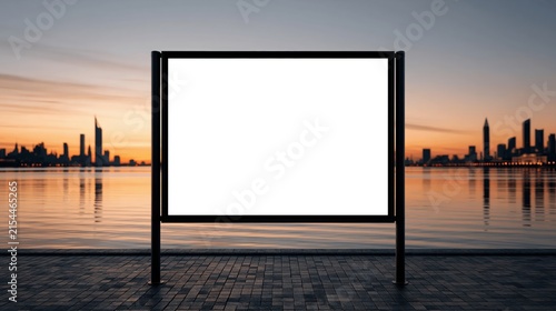 Blank billboard mockup template overlooking scenic city skyline at sunset during golden hour reflection on water surface