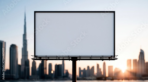 Blank billboard mockup template overlooking modern city skyline at sunset for outdoor advertising campaigns and promotions