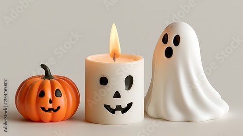 Halloween pumpkin with spooky face, candle, and ghost decoration on white background
