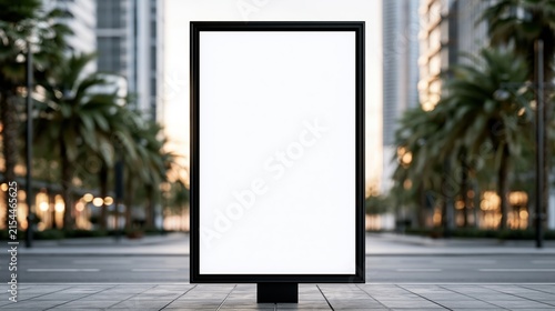 Blank vertical billboard mockup on city street with palm trees background for advertising campaigns and urban branding displays