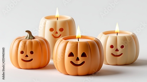 Cheerful Halloween themed pumpkin candles with carved faces and lit flames on a white background
