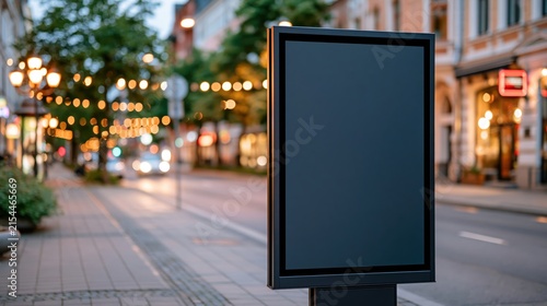 Blank vertical street billboard mockup display for outdoor advertising campaign in evening cityscape setting with bokeh lights background