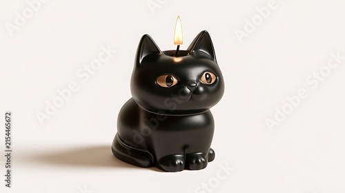 Black Cat Candle Holder with Flickering Flame on White Background