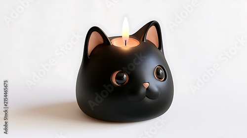 Cute Black Cat Candle Holder with Flame-Shaped Light on a White Background