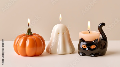Three Halloween-themed candles with pumpkin ghost and black cat motifs on plain background