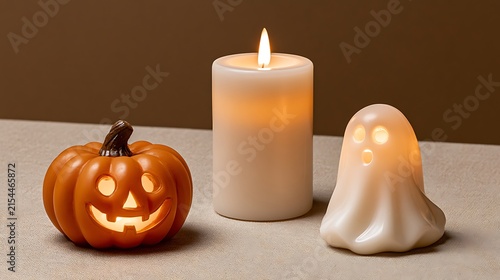 Halloween themed decoration with pumpkin candle and ghost figure for spooky celebration