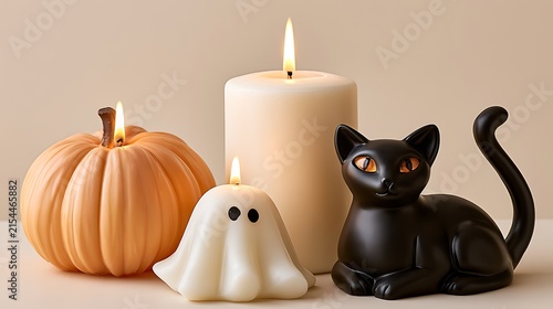 Halloween themed decor with pumpkin, candle, ghost figurine, and black cat in cozy setting
