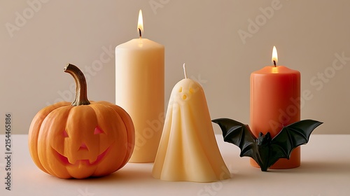 Cozy Halloween Scene with Pumpkins Candles and Decorative Elements