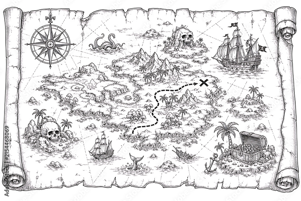 Obraz premium Pirate treasure map, black and white line art, pirate map illustration, treasure map, vintage map, antique map, treasure hunt, pirate adventure, nautical map, old parchment map, fantasy map, island ma