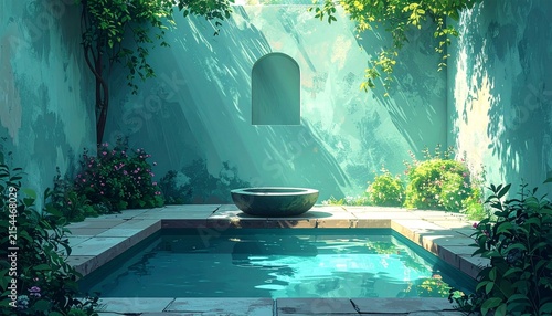 Serene Courtyard Pool with Sunlight and Greenery.
