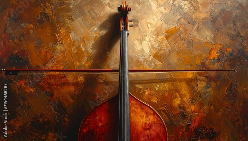 Vintage Cello with Bow on Textured Background.