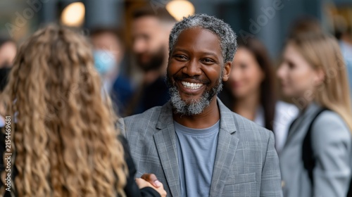 A cheerful man with a beard extends his hand in greeting to another person.