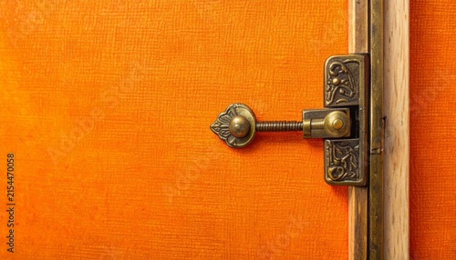 Antique Brass Door Handle on Bright Orange Wall.