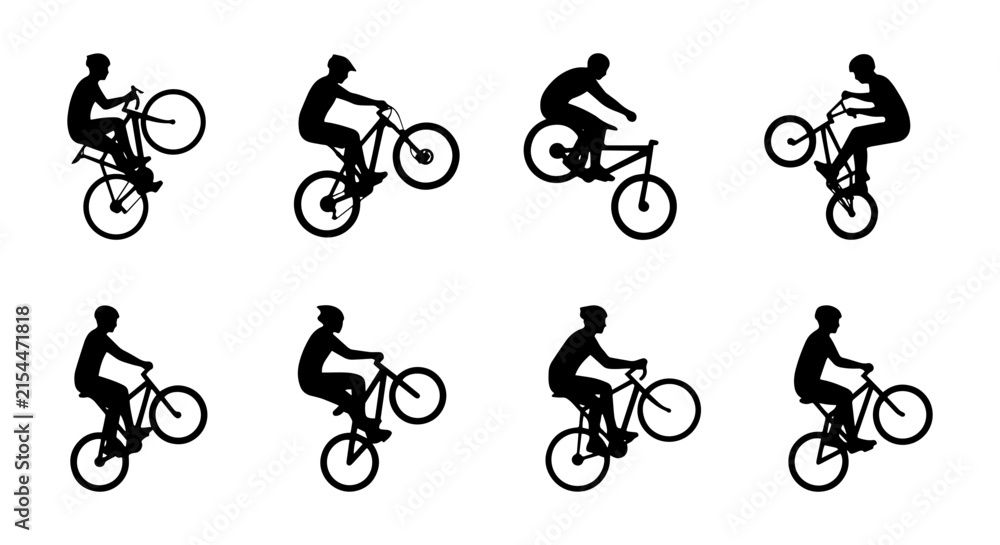 Fototapeta premium BMX Bicycle Stunt Silhouettes, Extreme Sports Action Poses, Dynamic Cycling Tricks Vector Set