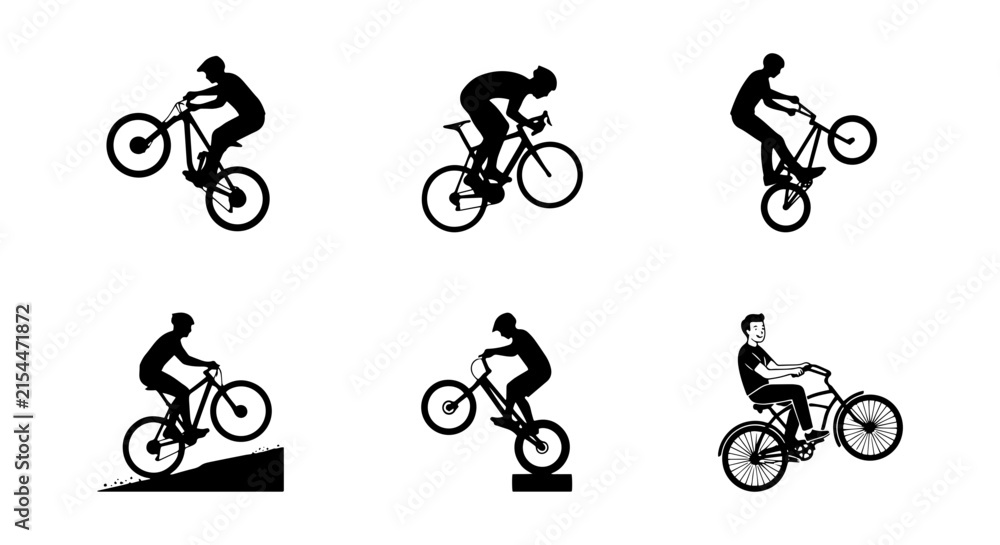 Fototapeta premium BMX Bicycle Stunts Silhouettes, Extreme Sports Action, Dynamic Cycling Tricks Vector Set