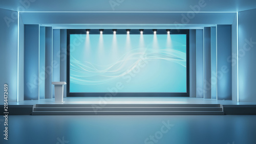Modern virtual broadcast studio stage with podium and large screen display for business news presentation broadcast background presentation