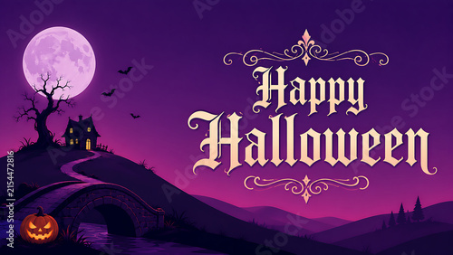 Happy Halloween greeting card with spooky haunted house and full moon purple background