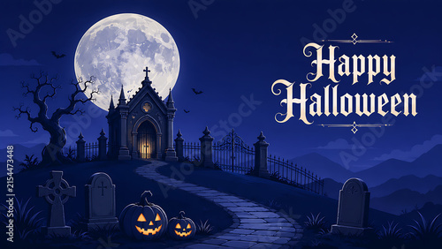 Happy Halloween greeting card with spooky cemetery, full moon and glowing jack-o-lanterns