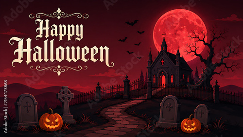 Happy Halloween greeting card with spooky graveyard, red moon and haunted church background.