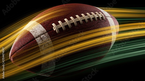 Leather ball with luminous streaks races across a dark background.