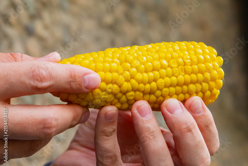 Foto Man holding boiled corn cob in hand