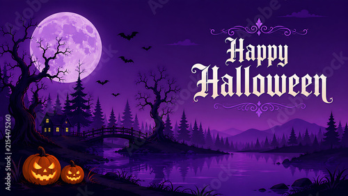 Happy Halloween greeting card with spooky forest, full moon, and carved pumpkins background