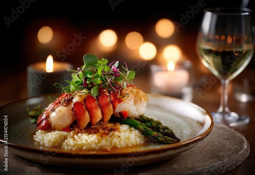 grilled lobster tail with creamy risotto and asparagus served with white wine in an elegant candlelit fine dining restaurant setting