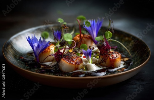 luxury seared scallops with edible blue flowers, micro greens and artistic sauce presentation on an elegant fine dining plate