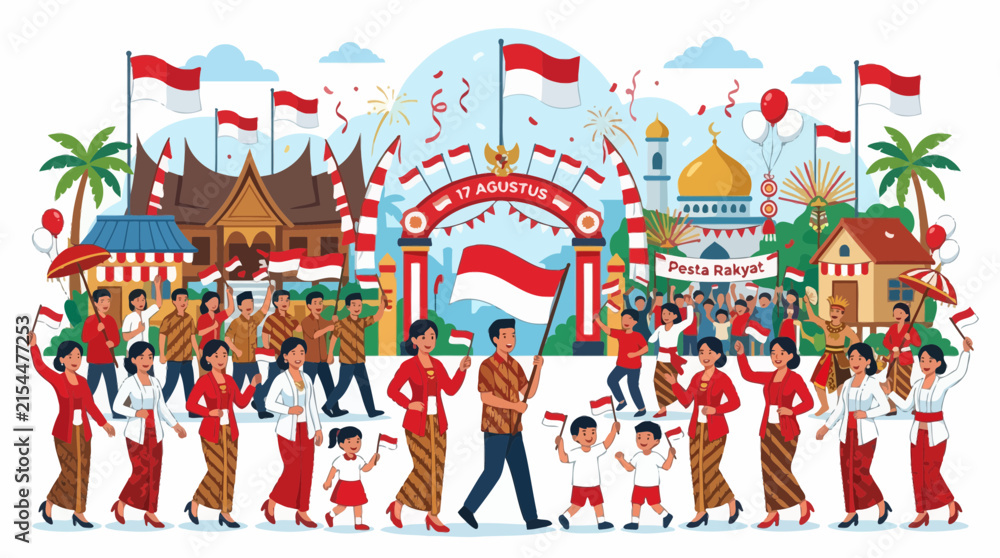 Fototapeta premium Indonesian people celebrating independence day parade with flags