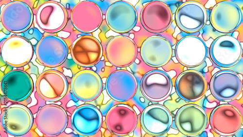 Multicolored Iridescent Bubble Circles on Colorful Fluid Abstract Background