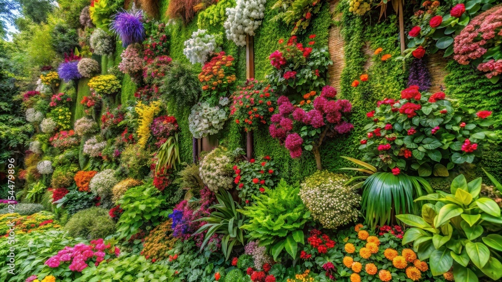 Fototapeta premium Vibrant wall of various flowers and plants creating a lush green and colorful display in a garden setting