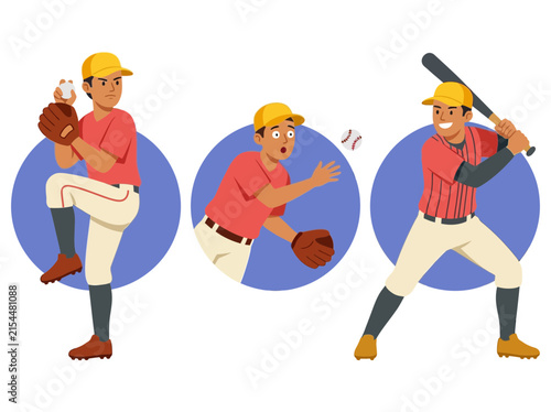 Принти на полотні Baseball players action poses set with pitcher, batter, and fielder vector illus