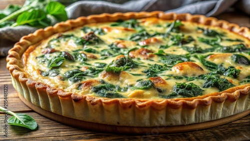 Closeup of freshly baked aromatic quiche lorraine with spinach and cheese on the table homemade baking closeup selective focus