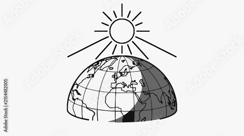 Vector line art illustration of Earth globe with geographic grid and sun above, casting a shadow across a hemisphere to show sunrise or sunset on a white background.