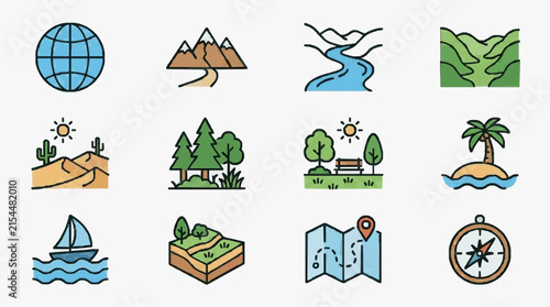 Set of 12 geographic landscape and navigation vector icons featuring Earth globe, mountain peaks, river, valley, desert, forest, park, island, ocean, terrain, map, and compass symbols.