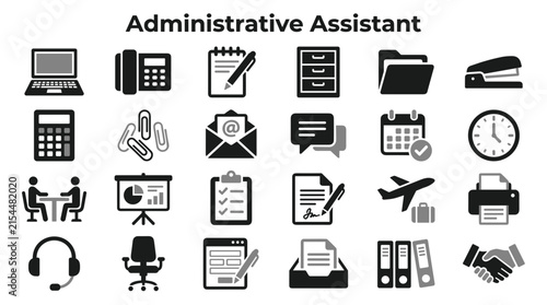Принти на полотні Administrative assistant icon set featuring office supplies and business managem